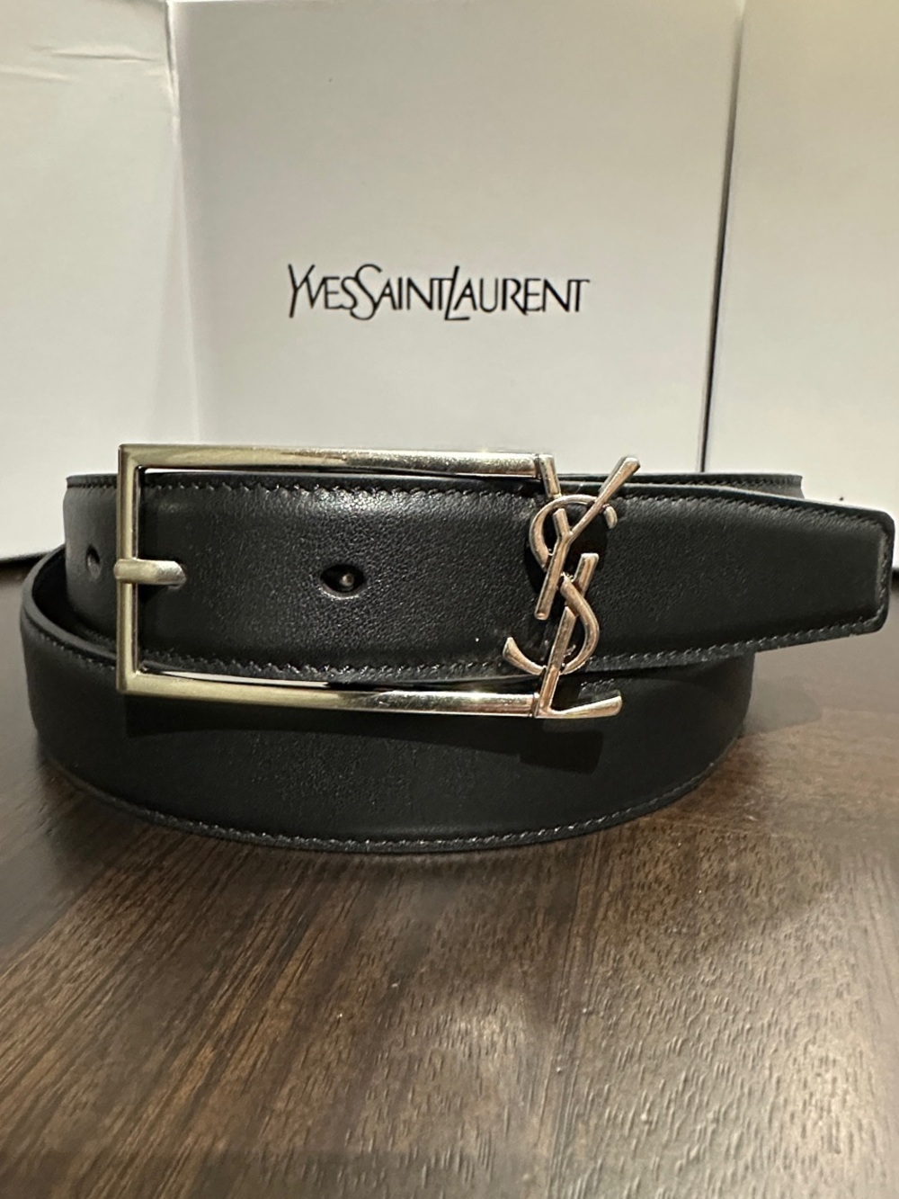 Yves Saint Laurent Black Leather Belt with Silver YSL Logo